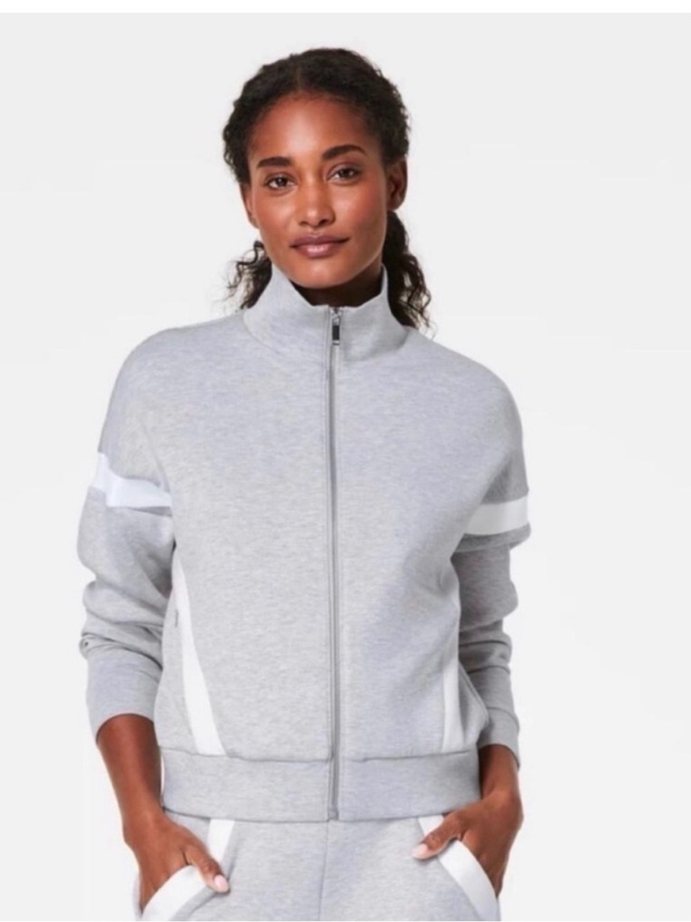 Spanx AirEssentials Striped Track Jacket Light Heather Grey Size M Set